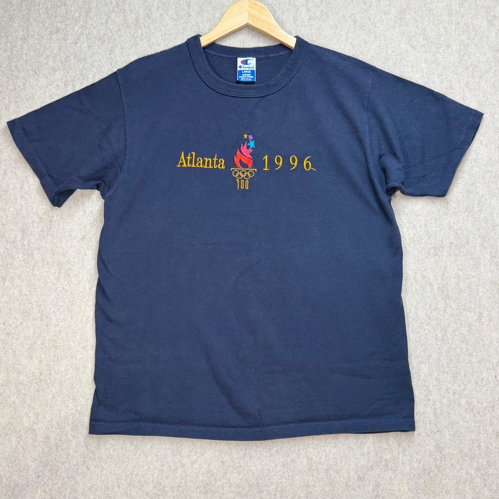 Vintage Champion 1996 Atlanta Olympics T Shirt Navy Blue Mens Large Made in USA